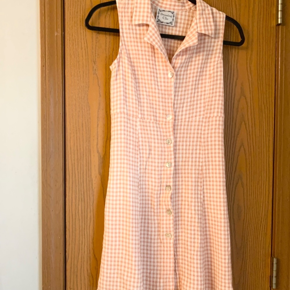 DAMAGED VINTAGE DRESSING CLIO PEACH & WHITE GINGHAM CHECKERED DRESS BUTTON FRONT - Picture 2 of 4
